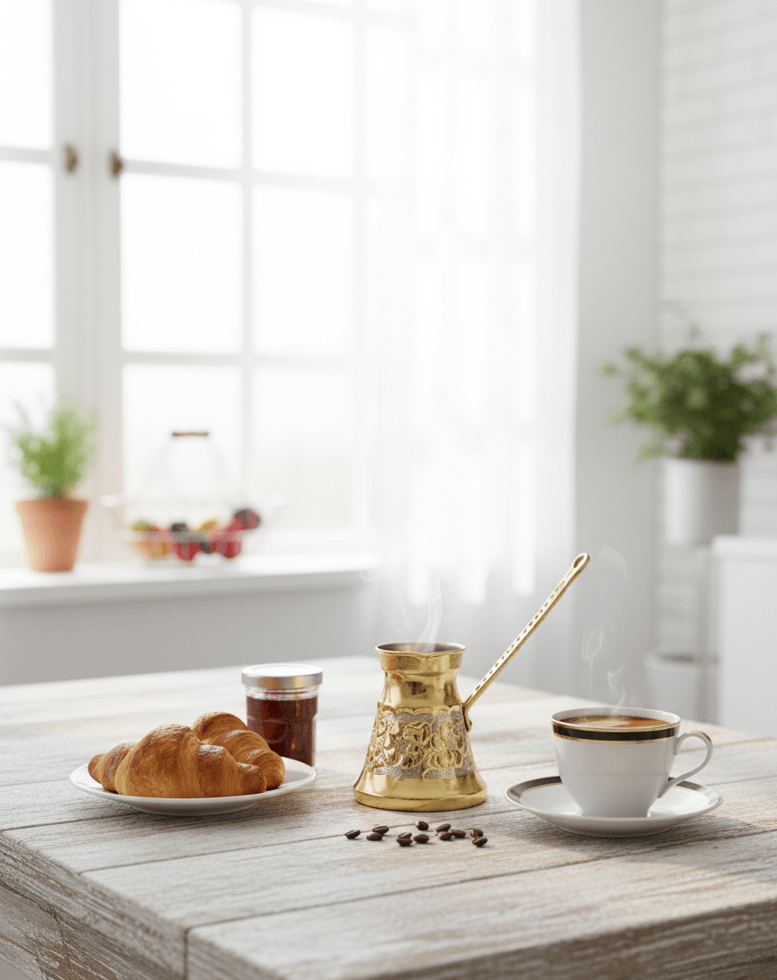 Kupfer Cezve handgemacht auf Holztisch mit Kaffeetasse und Croissant in heller Küche