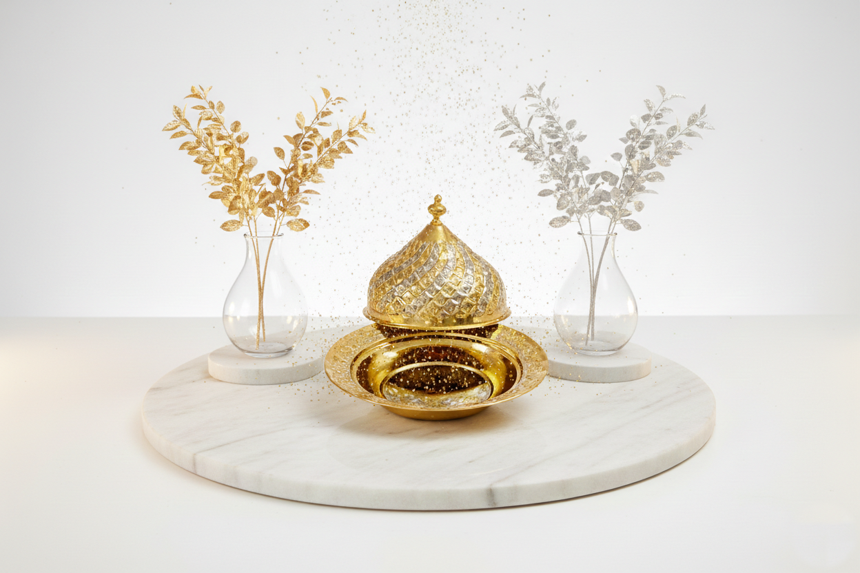 Handgefertigte Kupfer-Servierschale mit Deckel – Syrische Handwerkskunst, Gold-Silber-Finish