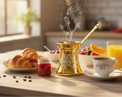 Kupfer Cezve handgraviert – goldene Mokkakanne beim Frühstück mit Croissants, Kaffee und frischen Früchten