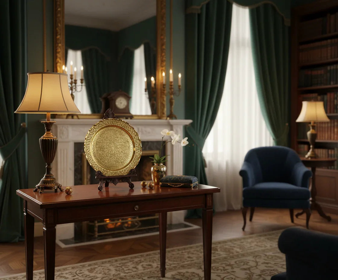 Elegantes Wohnzimmer mit goldener Dekoplatte, Tischlampe und edlen Wohnaccessoires