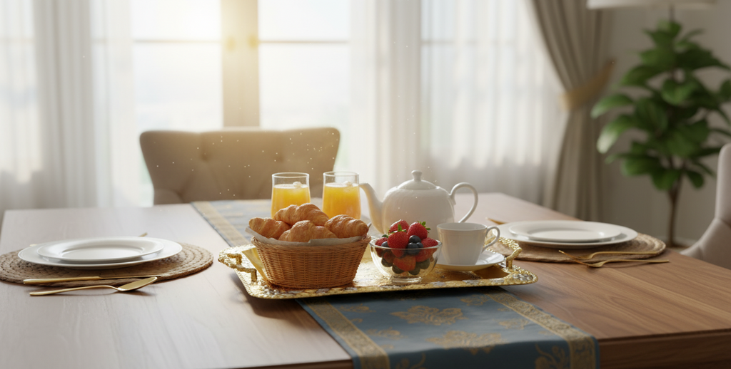 Kupfer‑Serviertablett mit Croissants, Beeren und Teeservice auf elegant gedecktem Tisch
