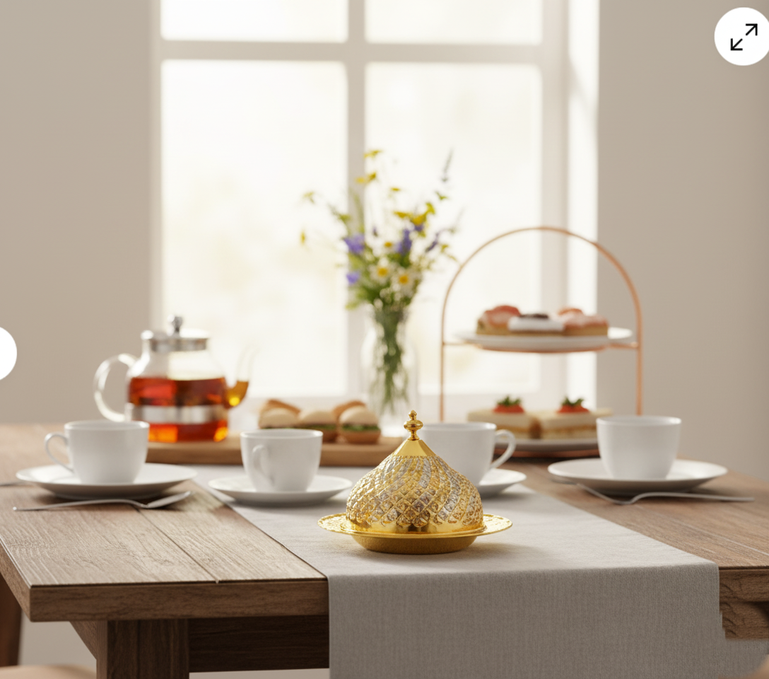 Handgefertigte Kupfer-Servierschale mit Deckel – Syrische Handwerkskunst, Gold-Silber-Finish