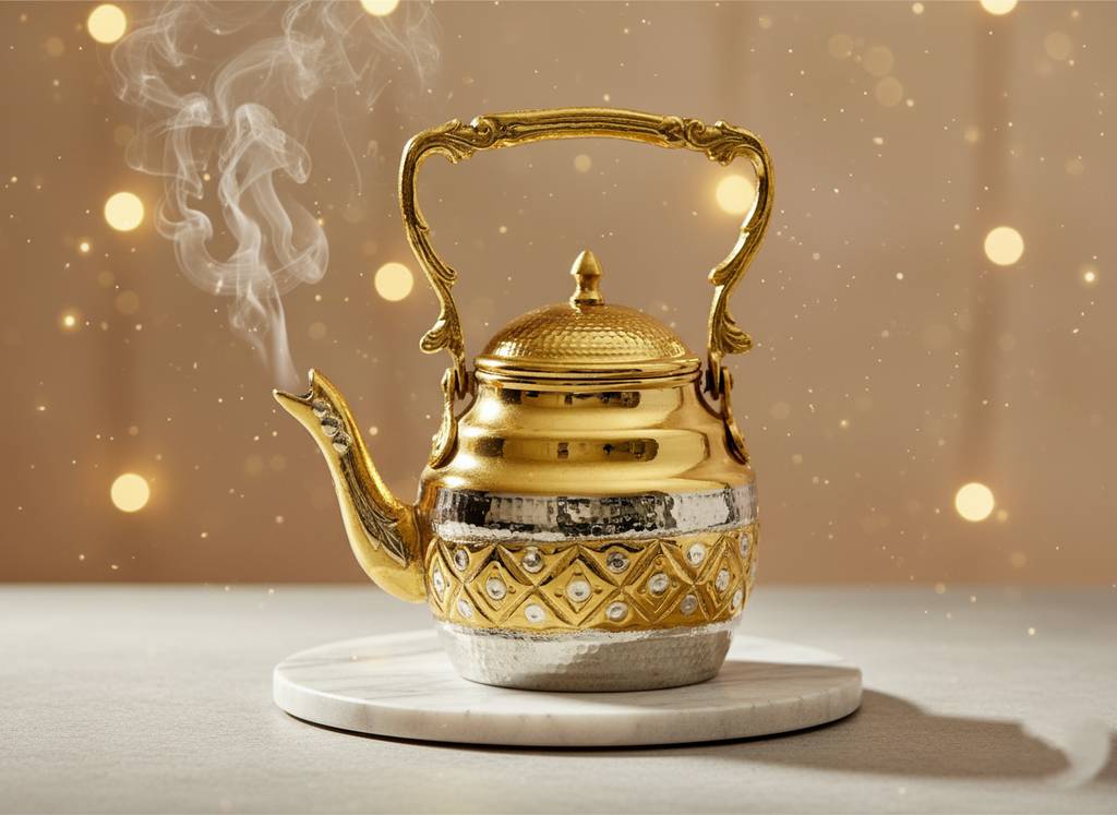 Handgefertigte orientalische Kupfer‑Teekanne mit kunstvollem Gravurmuster