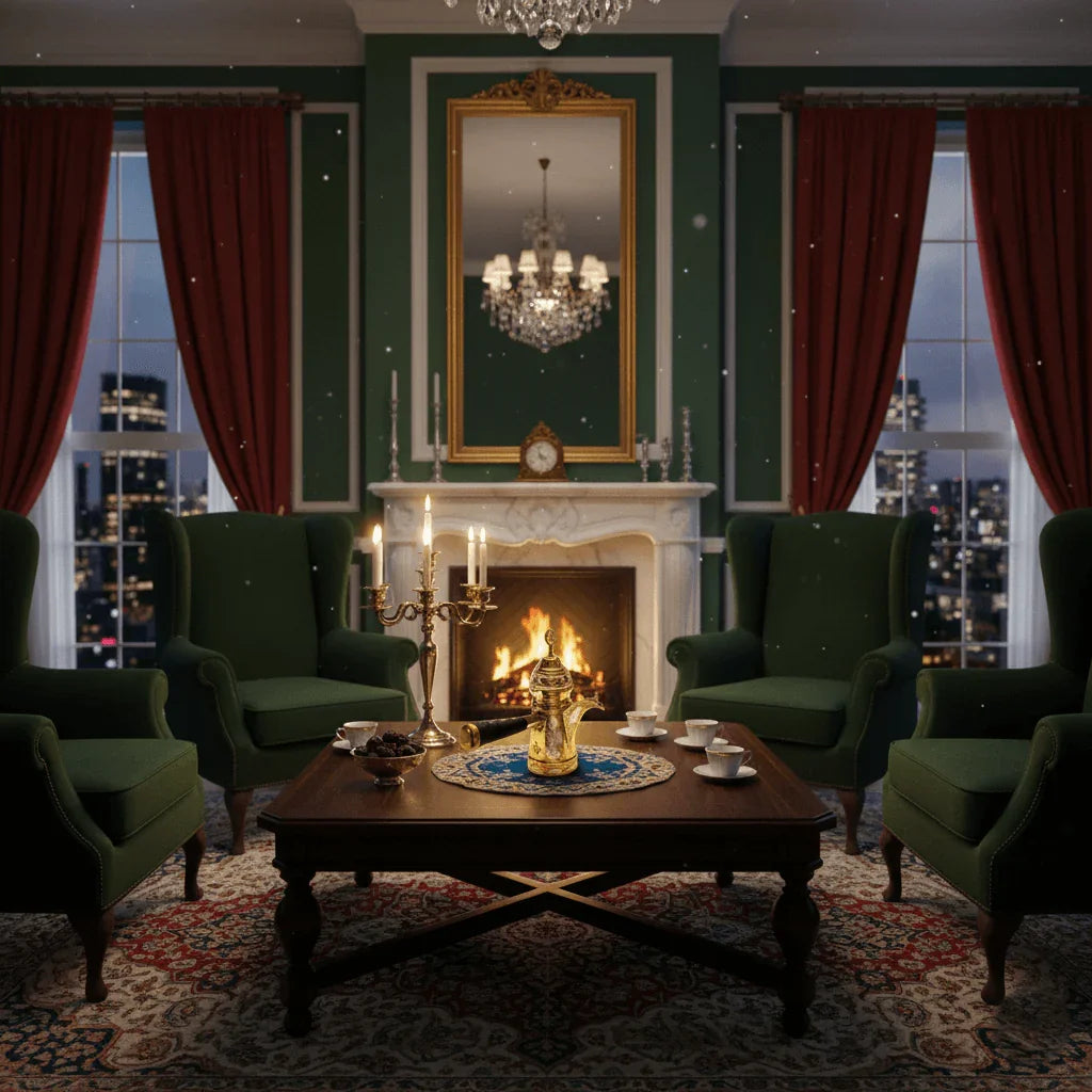 Elegantes Wohnzimmer mit grünem Sessel, Kamin, Kronleuchter und verziertem Kaffeetisch