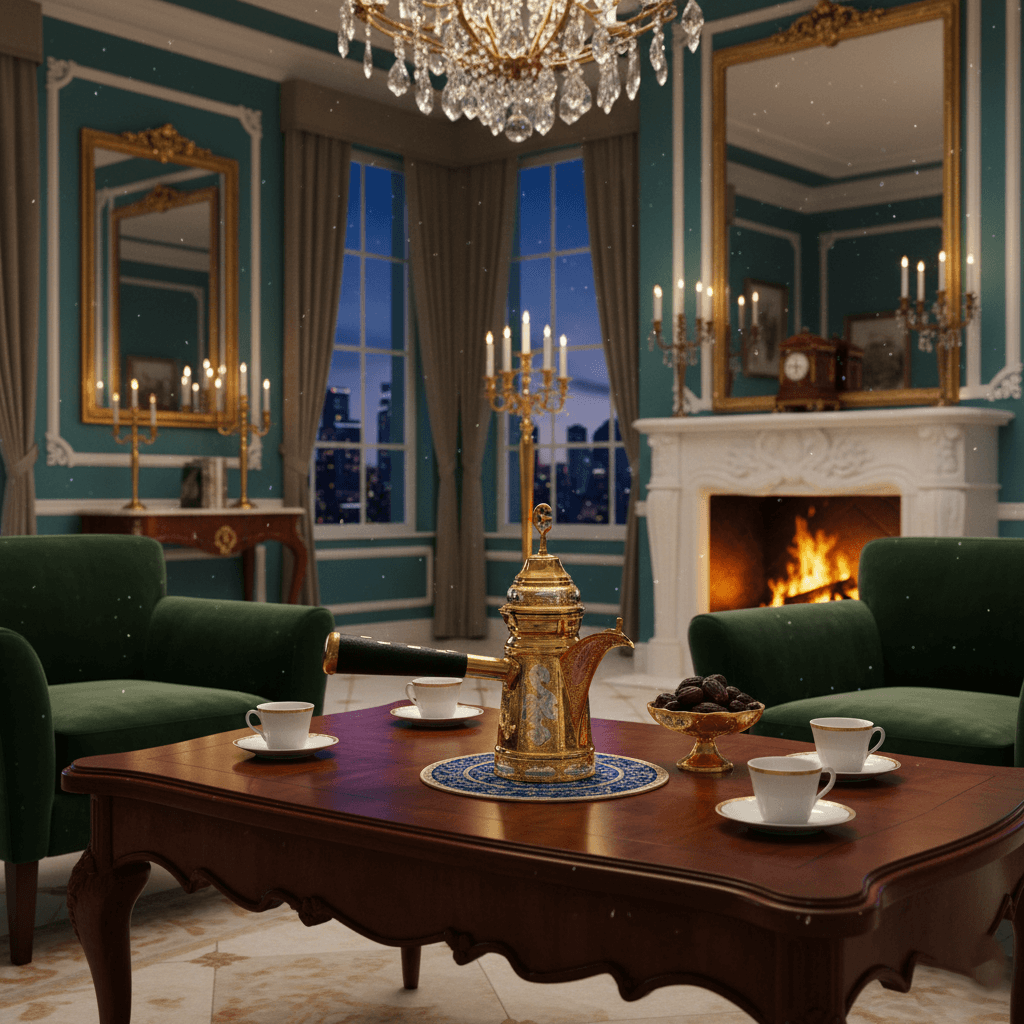 Handgravierte Dallah‑Kanne aus 100 % Kupfer – kunstvoll & hochwertig auf einem eleganten Holzkaffee-Tisch