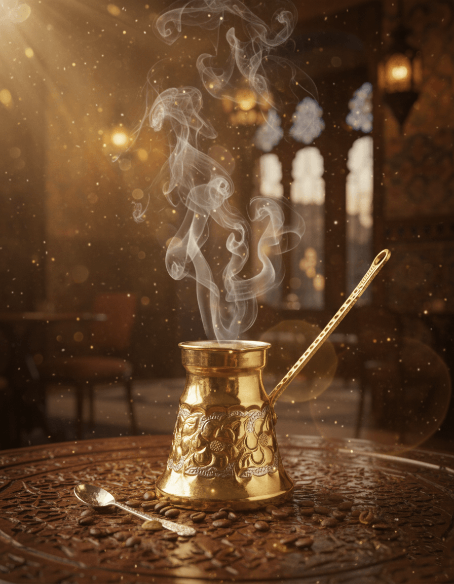 Handgefertigte goldene Kupfer Cezve mit Gravur und aufsteigendem Dampf in orientalischem Café
