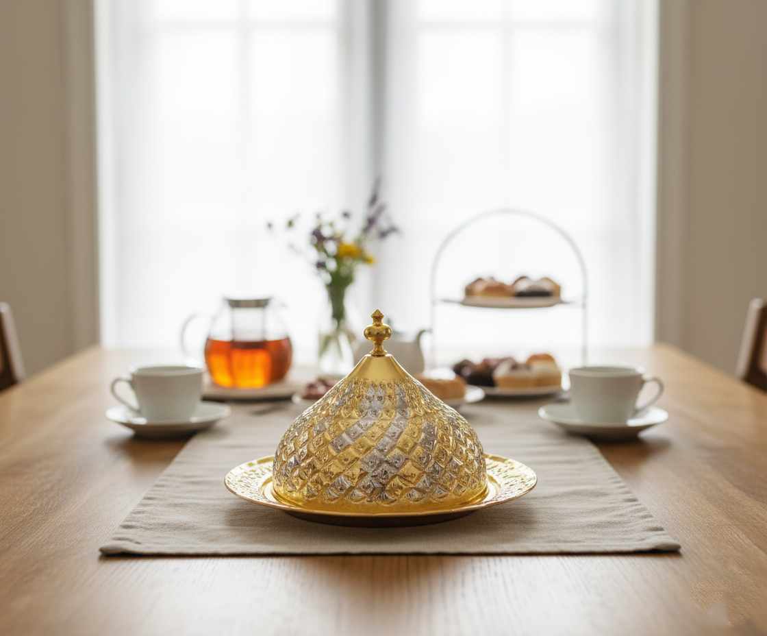 Handgefertigte Kupfer-Servierschale mit Deckel – Syrische Handwerkskunst, Gold-Silber-Finish