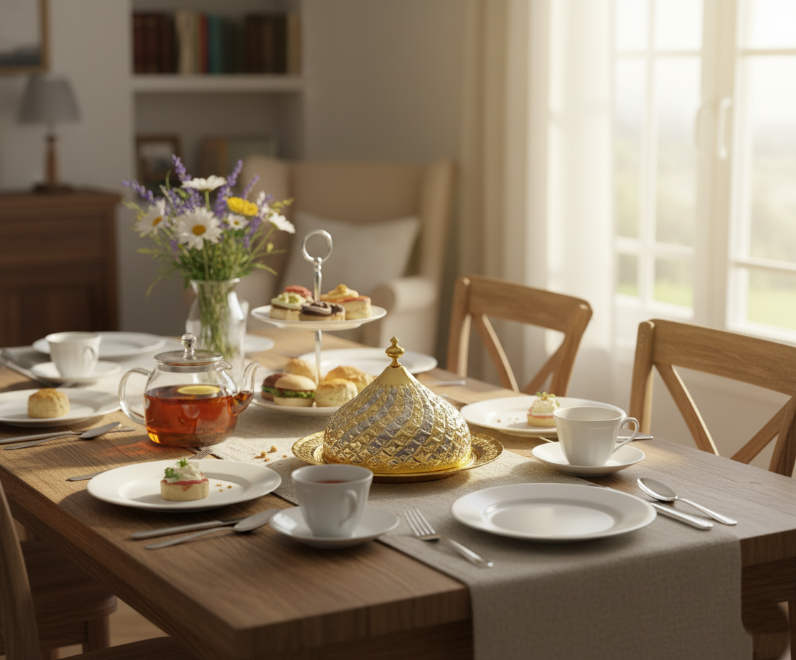 Handgefertigte Kupfer-Servierschale mit Deckel – Syrische Handwerkskunst, Gold-Silber-Finish