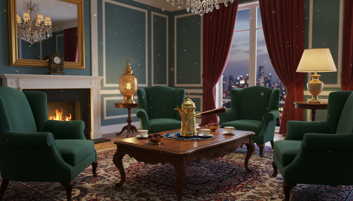 Handgefertigte Syrische Dallah-Kaffeekanne aus 100 % Kupfer, Kunstvolle Gravur auf einem eleganten Tisch in gemütlicher Umgebung.