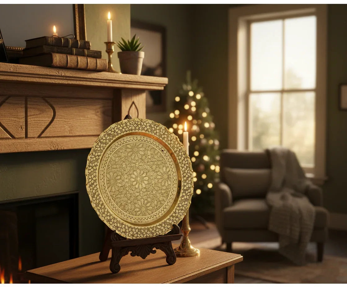 Dekorativer goldener Teller mit filigranem Muster, Wohnzimmer, festliche Atmosphäre, Kerzen, Weihnachtsbaum