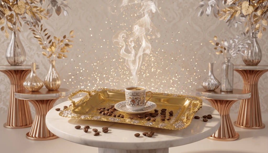 Orientalisches Serviertablett aus handgraviertem Kupfer mit Kaffee‑Setup auf Marmortisch