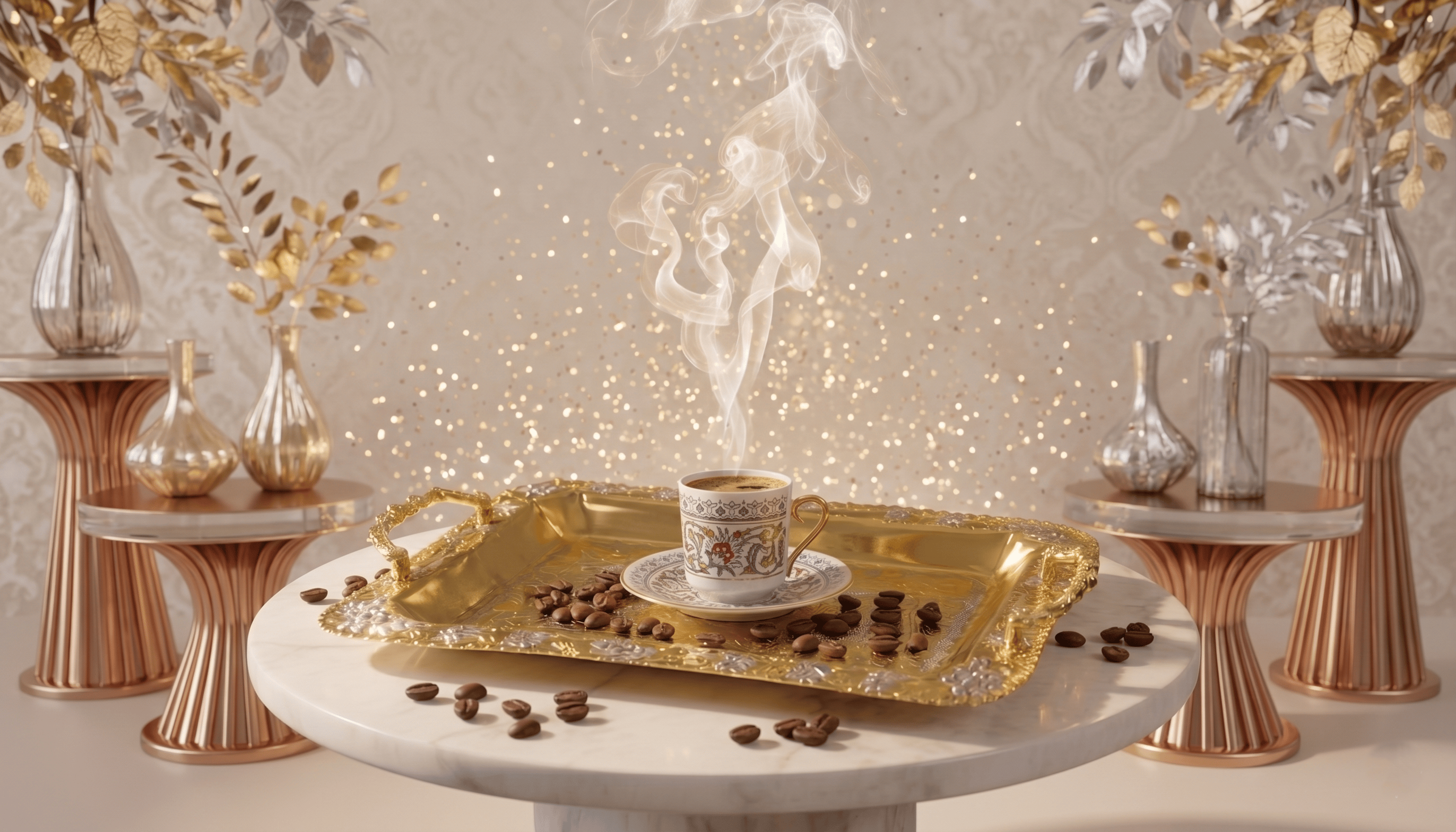 Orientalisches Serviertablett aus handgraviertem Kupfer mit Kaffee‑Setup auf Marmortisch
