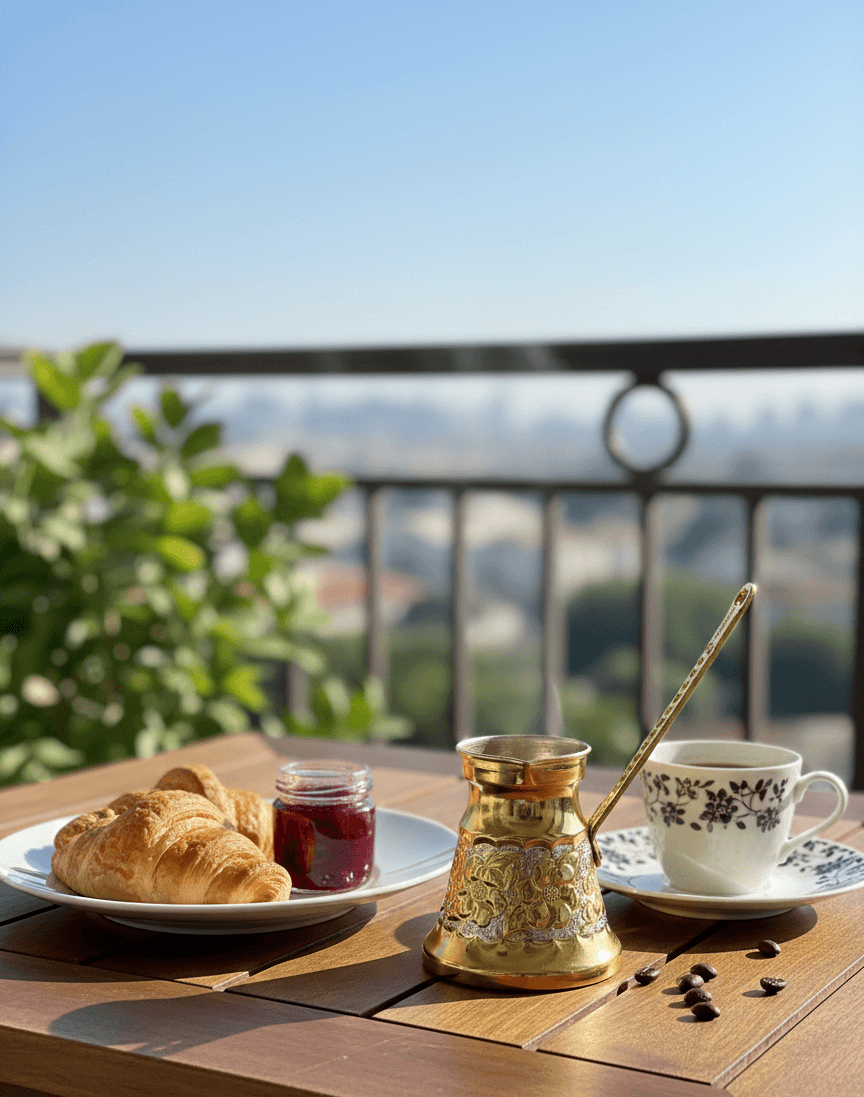 Goldene türkische Kaffeekanne Cezve auf Balkontisch mit Kaffee und Croissant im Freien