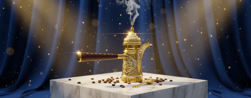 Traditionelle arabische Dallah aus Kupfer zur Zubereitung von Kaffee mit aufsteigendem Dampf