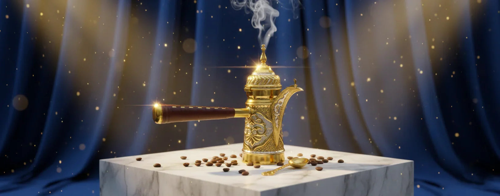 Traditionelle arabische Dallah aus Kupfer zur Zubereitung von Kaffee mit aufsteigendem Dampf