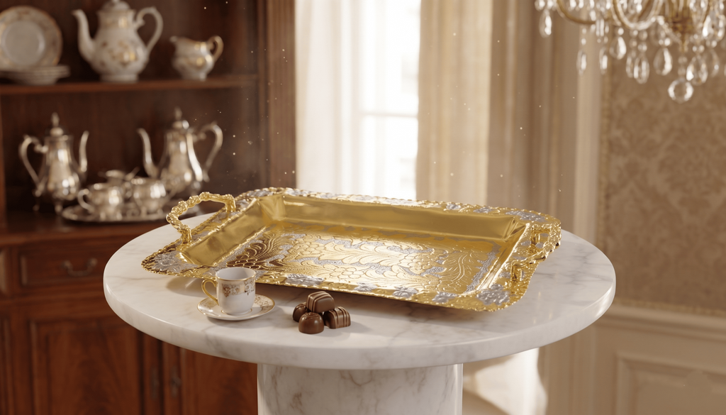 Handgraviertes Kupfer‑Serviertablett im orientalischen Design mit Porzellantasse