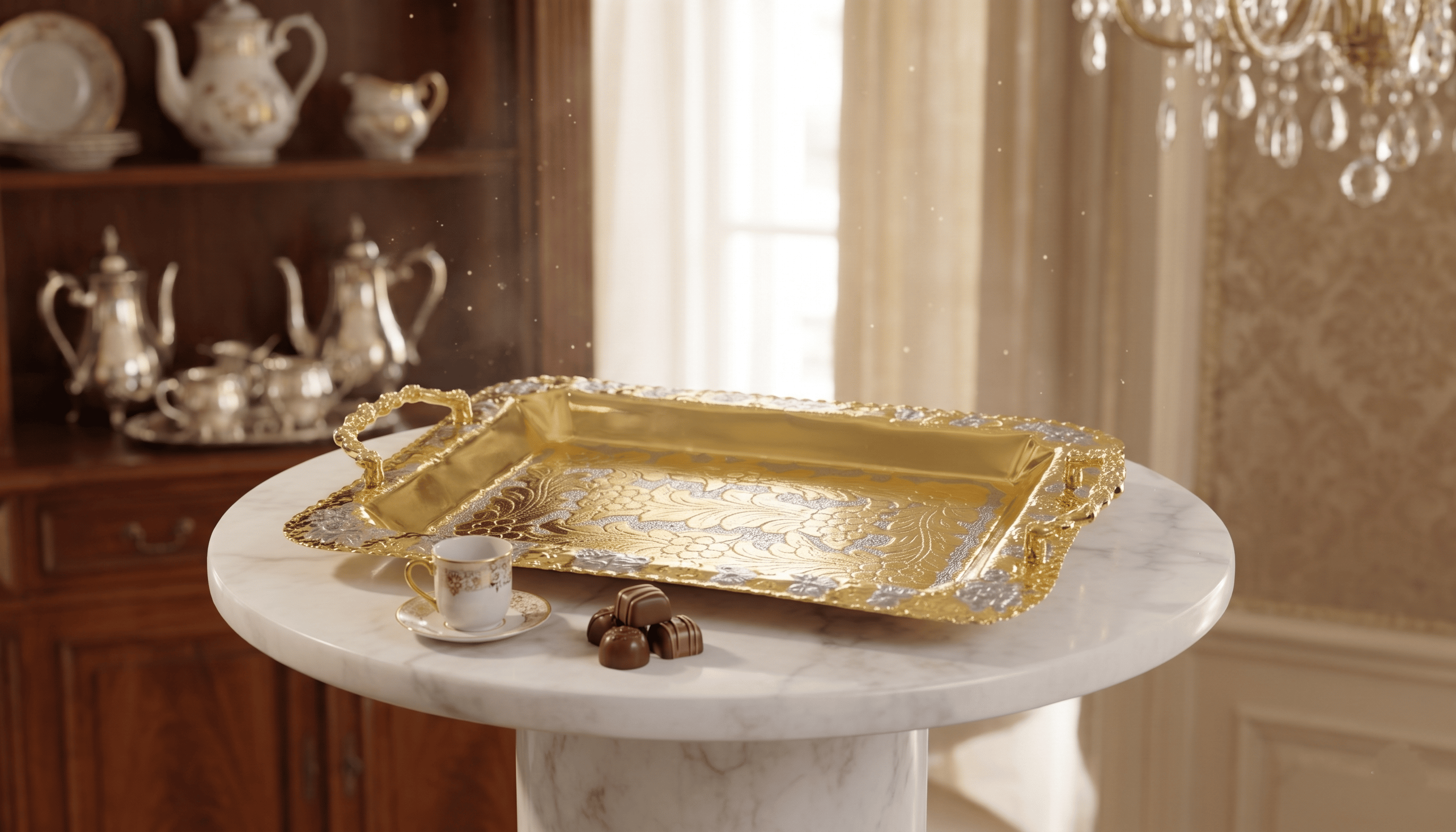 Handgraviertes Kupfer‑Serviertablett im orientalischen Design mit Porzellantasse