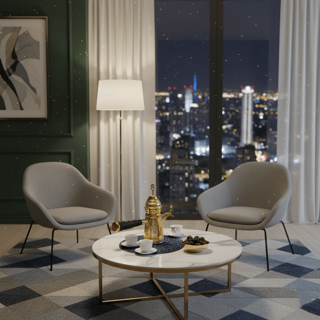 Handgravierte Dallah‑Kanne aus 100 % Kupfer – kunstvoll & hochwertig auf einem Tisch in einem modernen Wohnzimmer.