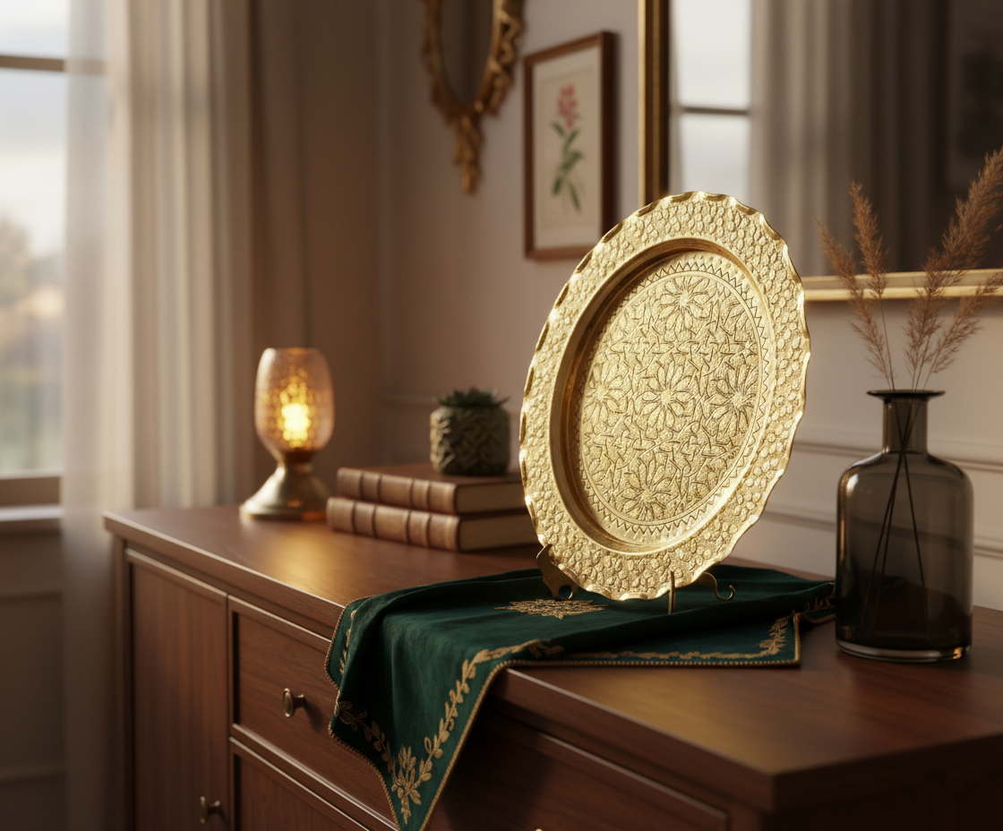 Handgravierte Dekoplatte aus 100 % Kupfer – Gold-Optik