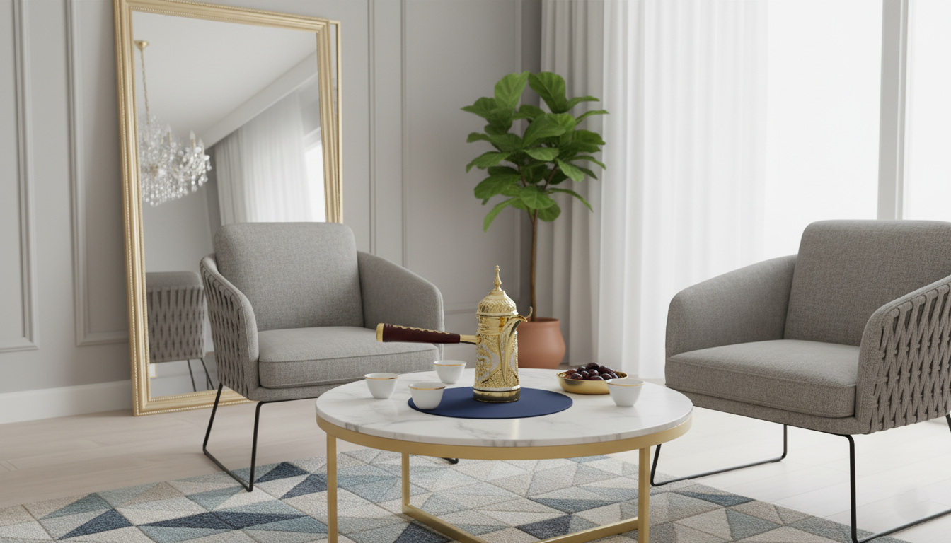 Handgefertigte Syrische Dallah-Kaffeekanne aus 100 % Kupfer, Kunstvolle Gravur auf Tisch in modernem Wohnzimmer.