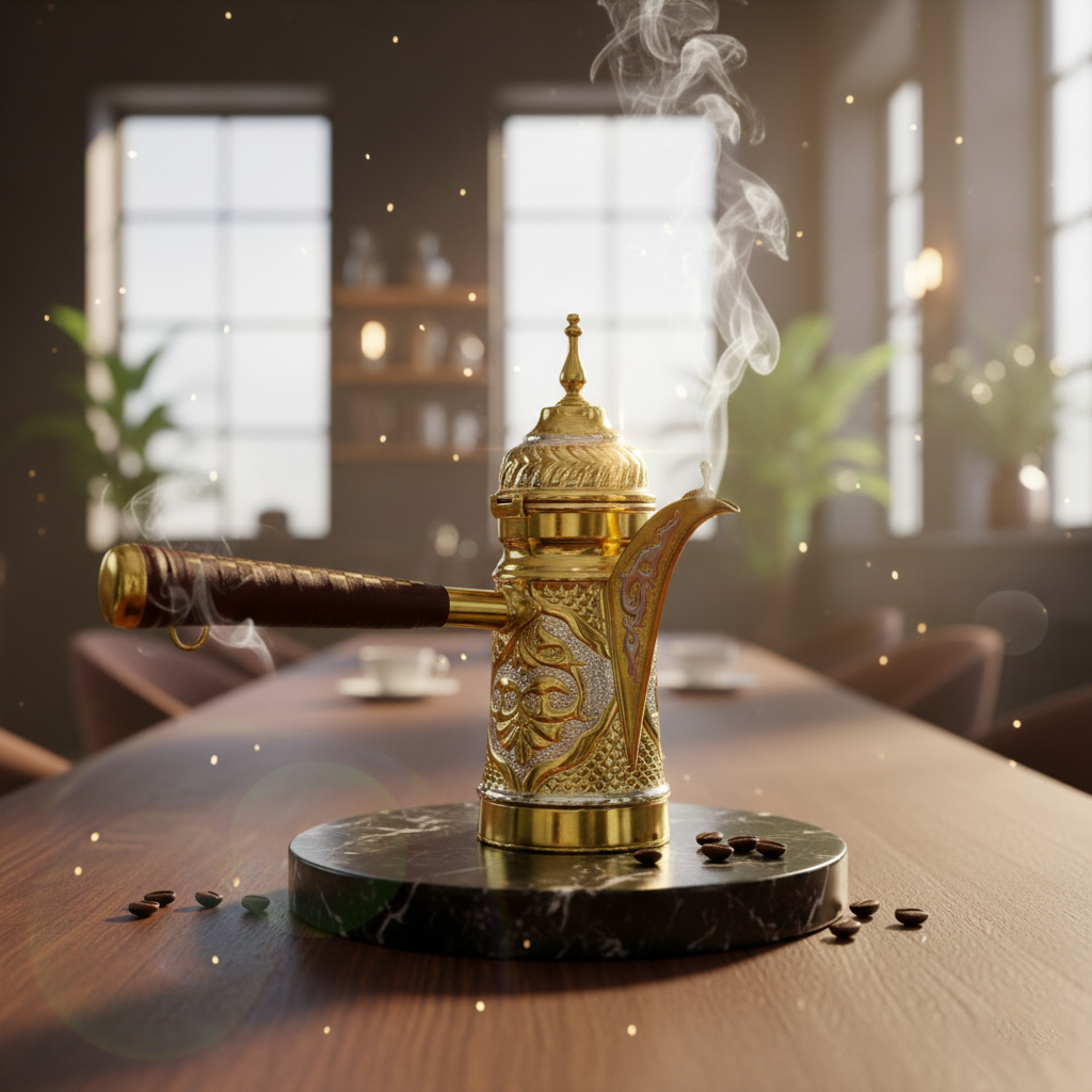 Eleganter Ausguss einer handgefertigten arabischen Dallah aus Kupfer mit aufsteigendem Dampf
