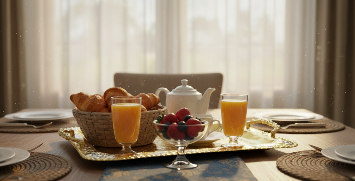 Kupfer‑Serviertablett mit Croissants, Beeren und Teeservice auf elegant gedecktem Tisch