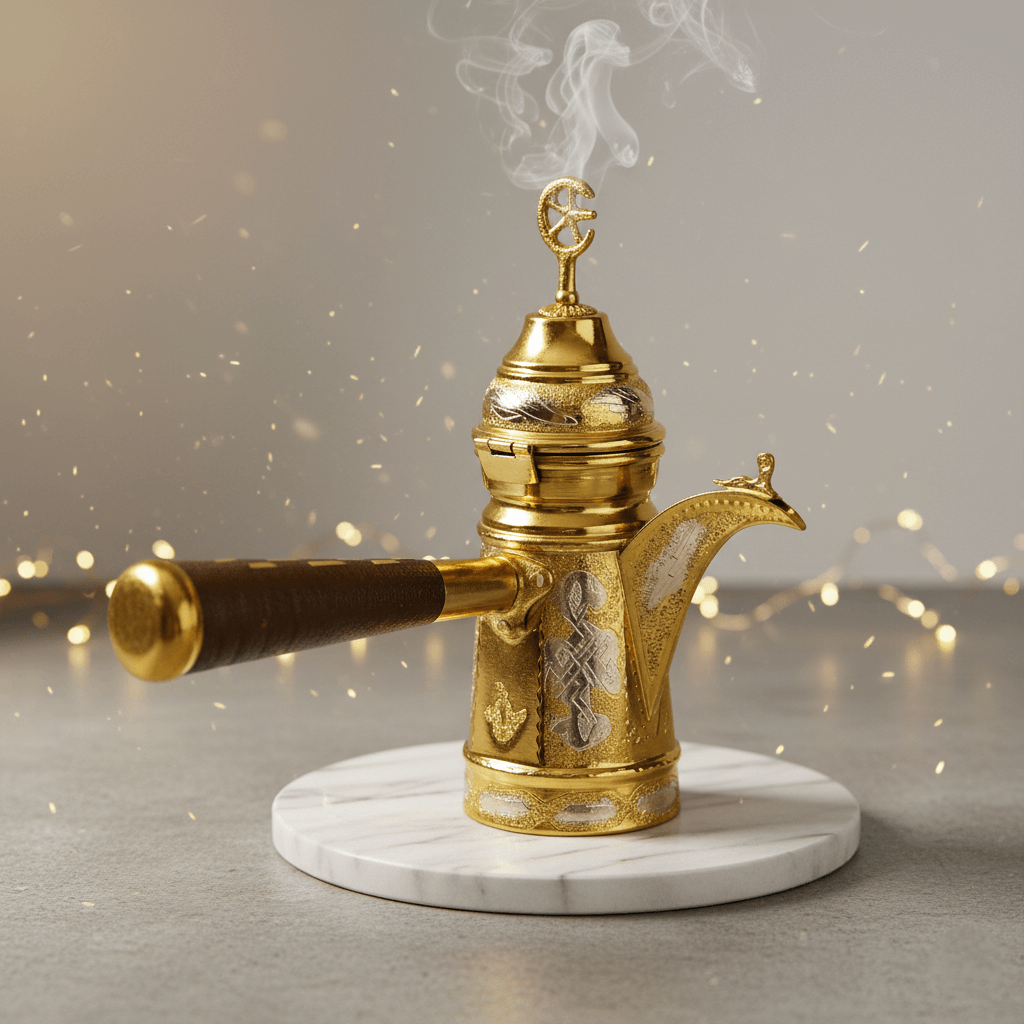 Handgravierte Dallah‑Kanne aus 100 % Kupfer – kunstvoll & hochwertig mit Rauch und elegantem Design.