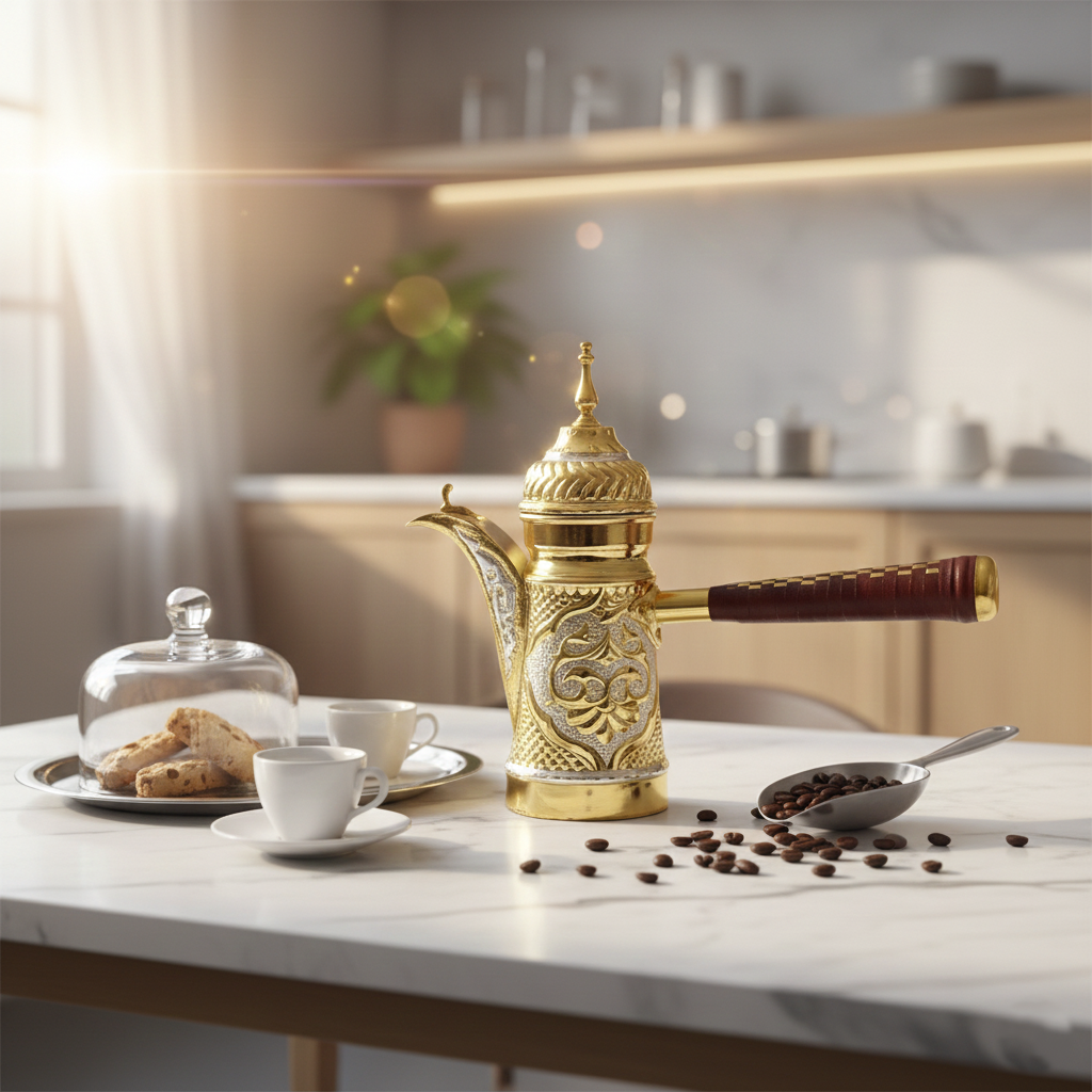 Handgefertigte Syrische Dallah-Kaffeekanne aus 100 % Kupfer, Kunstvolle Gravur