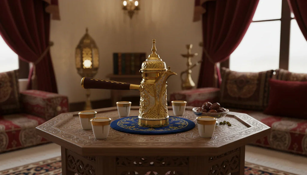 Traditionelle arabische Dallah aus Kupfer zur Zubereitung von Kaffee mit aufsteigendem Dampf