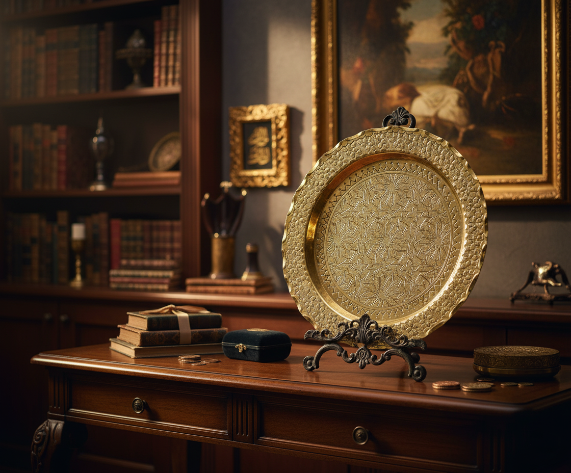 Handgravierte Dekoplatte aus 100 % Kupfer – Gold-Optik