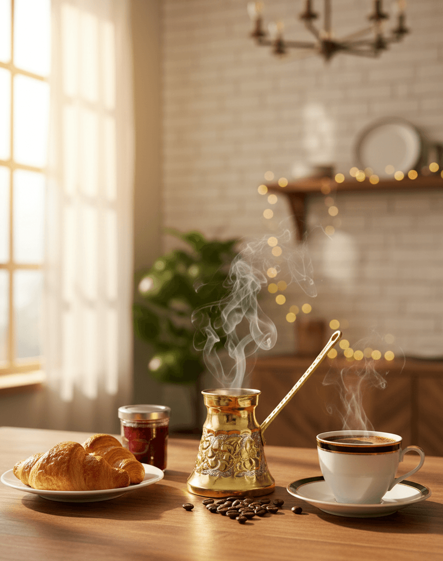 Kupfer Cezve mit Dampf auf Holztisch in gemütlicher Küche mit Kaffeetasse und Croissant