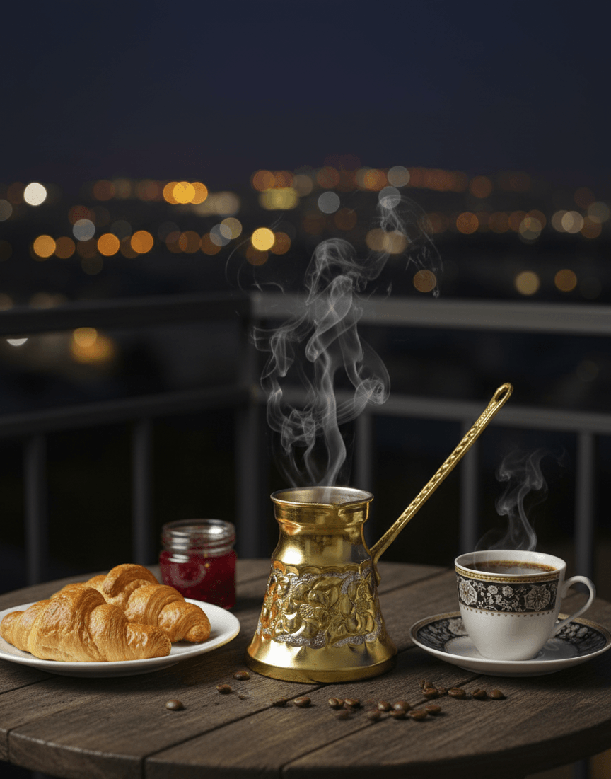 Handgemachte goldene Cezve mit türkischem Kaffee bei Nacht mit Stadtpanorama im Hintergrund