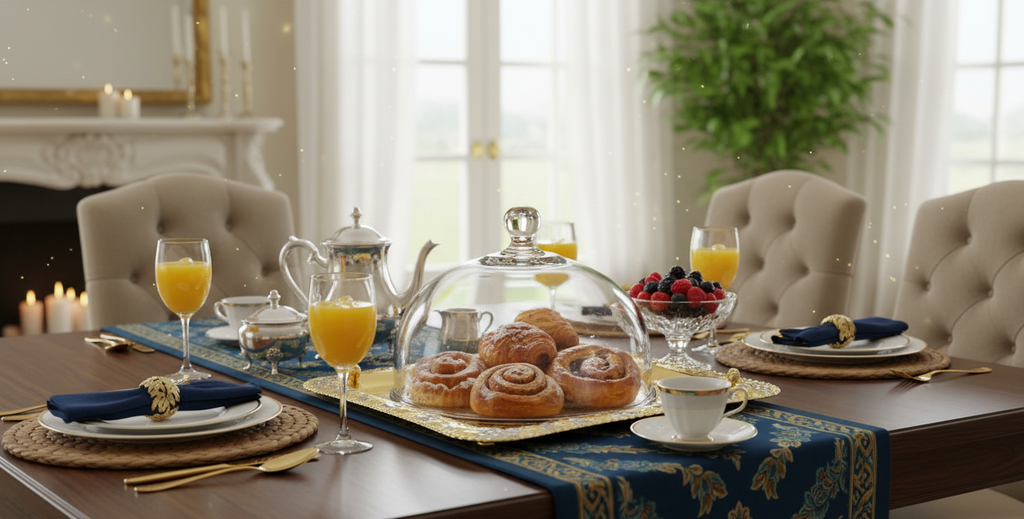Orientalisches Kupfer‑Serviertablett auf gedecktem Frühstückstisch mit Gebäck und Tee